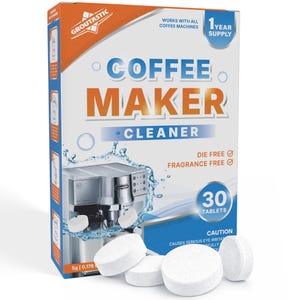 May include: A box of coffee maker cleaner tablets. The box is white, orange, and blue, with the words "COFFEE MAKER CLEANER" in large letters. The box also features an image of a coffee machine and 30 tablets.
