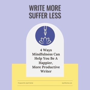 Puede incluir: Gráfico con el texto "WRITE MORE SUFFER LESS" en gris oscuro. Debajo, una forma arqueada blanca contiene un círculo azul con una ilustración de pluma y flor de loto, y el texto "4 Ways Mindfulness Can Help You Be A Happier, More Productive Writer."