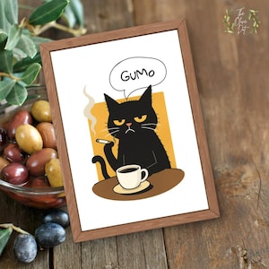 Grumpy Cat Poster | Funny Gumo Wall Art | Coffee Kitchen Living Room Printable PDF | Sad Cat Illustration | Digital Cat Poster