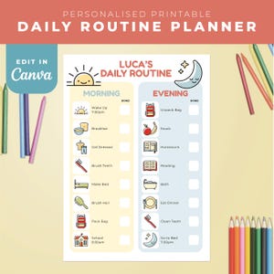 Puede incluir: Un planificador de rutina diaria imprimible y personalizado con el texto "LUCA'S DAILY ROUTINE". El planificador está dividido en secciones de mañana y tarde con tareas ilustradas como "Wake Up", "Breakfast" y "Go to Bed". También está presente el texto "Edit in Canva".