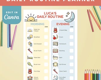 Tabla de rutinas matutinas y vespertinas para niños imprimible / Plantilla editable de Canva / Lista de verificación diaria visual con íconos / Planificador de rutinas reutilizable