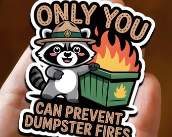 Funny Raccoon Sticker, Only You Can Prevent Dumpster Fires, Cute Meme Vinyl Decal for Laptop, Water Bottle, Gift for Coworker, stickers