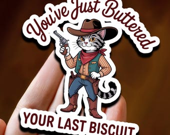 Funny Cat Cowboy Sticker: Sarcastic Western Meme Sticker