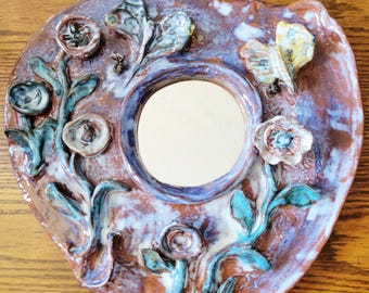 One-of-a-Kind Hand-Crafted Glazed Ceramic Art Pottery Wall Mirror with Raised Floral Design