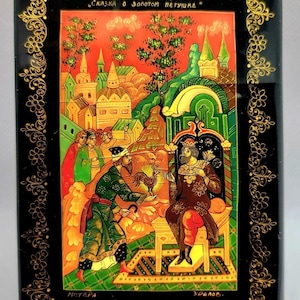 Antique &quot;The Tale of the Golden Cockerel&quot; Palekh Lacquer Box from Mstera, Russia