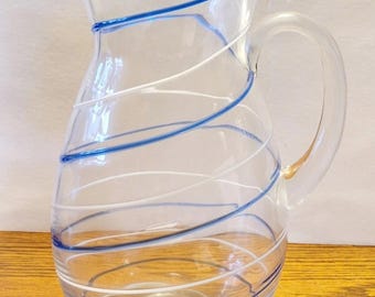 Hand-Blown Cobalt Blue and White Swirl Glass Pitcher