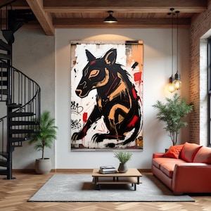 May include: A large abstract painting of a black wolf with orange and red accents dominates a modern living room. The artwork hangs above a low wooden coffee table and a red leather sofa. A black spiral staircase and large windows are also visible.