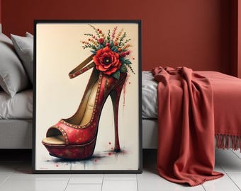 Scarlet Bloom High Heel Wall Art, Red Floral Shoe Print, Contemporary Fashion Home Décor, digital download, stiletto wall art, modern decor