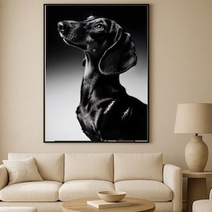 May include: Black and white portrait of a Dachshund dog in a black frame. The dog is looking up with a focused expression. The image is displayed on a beige wall above a beige sofa.