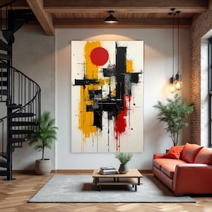 May include: Abstract art canvas with a large red circle and black, yellow, and red brushstrokes. The artwork hangs in a modern living room with a spiral staircase, red sofa, and a small wooden coffee table.