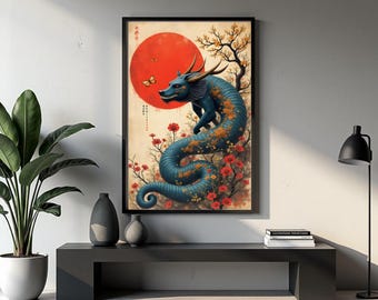May include: Framed art print featuring a blue dragon with golden accents, set against a red sun and floral elements. The artwork has a vintage aesthetic, with a black frame. The dragon is the focal point of the artwork.