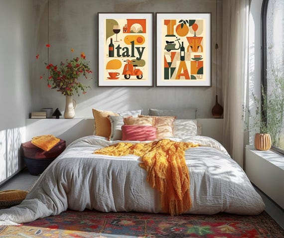 Mid-century Modern Italy Art Print Set, Vespa & Wine (digital