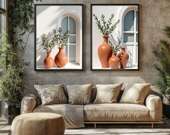 Set di stampe digitali da parete raffiguranti un vaso in terracotta con ramo d'ulivo mediterraneo (download digitale).