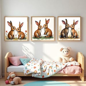Bunny Nursery Prints: Woodland Animal Art, Set of 3 (Digital Download)