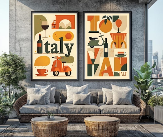 Mid-century Modern Italy Art Print Set, Vespa & Wine (digital