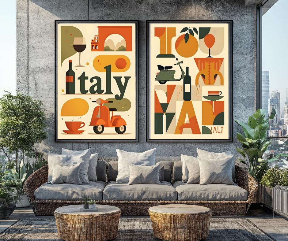 Mid Century Modern Italy Wall Art Set, for Lovers of Italian