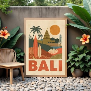 Impressão de pôster de viagem retrô de Bali, arte de parede digital vintage, decoração de casa ao redor do mundo, para qualquer ambiente, ideia de presente, arte de parede moderna de meados do século