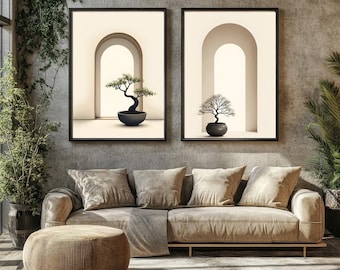 Minimalist Bonsai Tree Wall Art Print, Zen Botanical Decor, Japanese Inspired Poster, Neutral Aesthetic Arch Artwork, Modern Home Printable