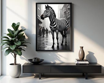 Urban Stripes Zebra Wall Art Print – Modern Animal Decor | Monochrome Printable Art for Office, Living Room, or Hallway - Zebra wall art