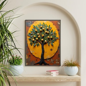Halo de Cosecha – Arte mural de árbol frutal con sol dorado / Decoración bohemia afrocéntrica / Imprimible tribal en tonos tierra / Árbol de la vida espiritual para descargar