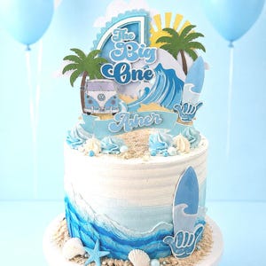 The big one cake topper/Surf cake topper/Beach cake decoration/Surfboard party decor/Ocean wave cake topper/First birthday surf retro van