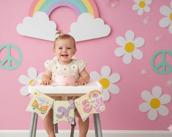 Groovy One highchair banner, Groovy baby, wonderful one-year banner, Groovy One birthday, Groovy birthday decoration, surf wagon.
