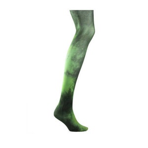 May include: Green and black tie-dye tights with a swirling pattern.