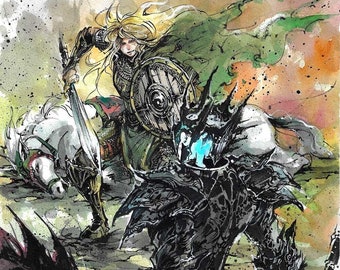 8x10" Fine Art Print sumi watercolor art of Eowyn and Witch King from LotR