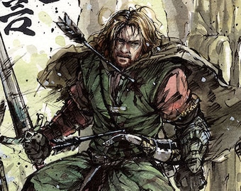 8x10&quot; PRINT of Boromir in his last moments with Japanese Calligraphy HONOR