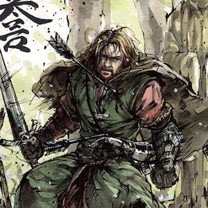 8x10" PRINT of Boromir in his last moments with Japanese Calligraphy HONOR