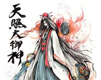 8x10インチのプリント、天照大御神の墨絵水彩画 - Etsy 日本