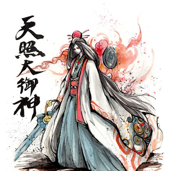 8x10" PRINT of Amaterasu Omikami goddess sumi watercolor painting