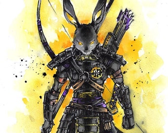 8x10" Fine Art Print of Sumi watercolor Year of the Black Rabbit 2023 Samurai