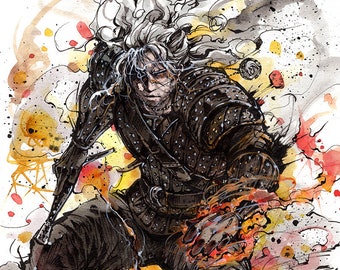 Fine Art Print 8x10" Geralt of Rivia Ink and Watercolor style Witcher