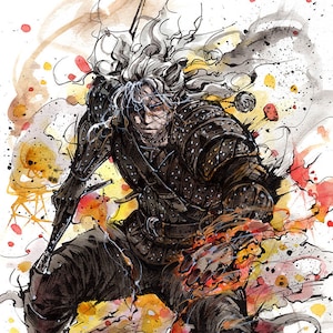 Fine Art Print 8x10" Geralt of Rivia Ink and Watercolor style Witcher