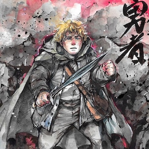 May include: A watercolor painting of a young man with blond hair, wearing a gray cloak and holding a sword. The background is a dark gray and red with black splatters. The Japanese word "勇気" is written in black ink in the upper right corner of the image.