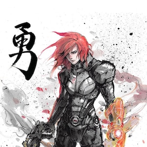 8x10" Fine Art Print sumi watercolor art of Commander Shepard with Japanese Calligraphy COURAGE