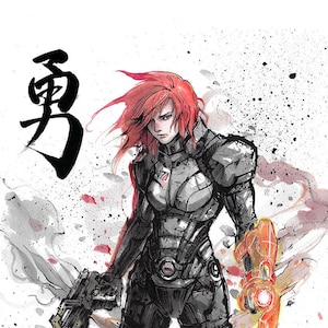 May include: A black and white ink and watercolor illustration of a female character with red hair, wearing a futuristic suit and holding a weapon. The character is standing in a cloud of smoke and the Japanese character for "strong" is written in black ink in the upper left corner of the image.