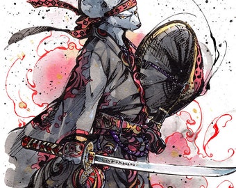 8x10" Fine Art Print Year of the Rat Nezumi 2020 Chinese New Year Samurai Katana