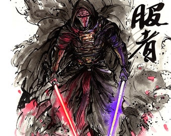 8x10" Fine Art Print sumi watercolor art of Darth Revan with Japanese Calligraphy Conqueror