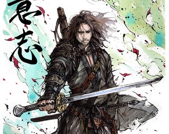 8x10 » Imprimer Samurai Aragorn avec calligraphie japonaise, Volonté détermination