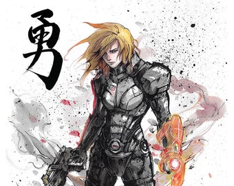 8x10" Fine Art Print sumi watercolor art of blond Commander Shepard with Japanese Calligraphy COURAGE