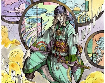 May include: A watercolor painting of a person wearing a green and purple robe with a red sash and a sword. The person is standing on a platform with a red and gold design. The background is a colorful abstract design with circles and clouds.