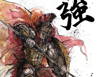 8x10" Fine Art Print Spartan Warrior avec calligraphie japonaise Force Spear et Bouclier