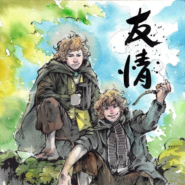 8x10" Fine Art Print sumi watercolor art of Merry and Pippin from Lotr Calligraphy Friendship