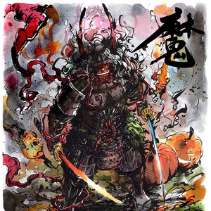8x10 PRINT Halloween SAMURAI with Japanese Calligraphy