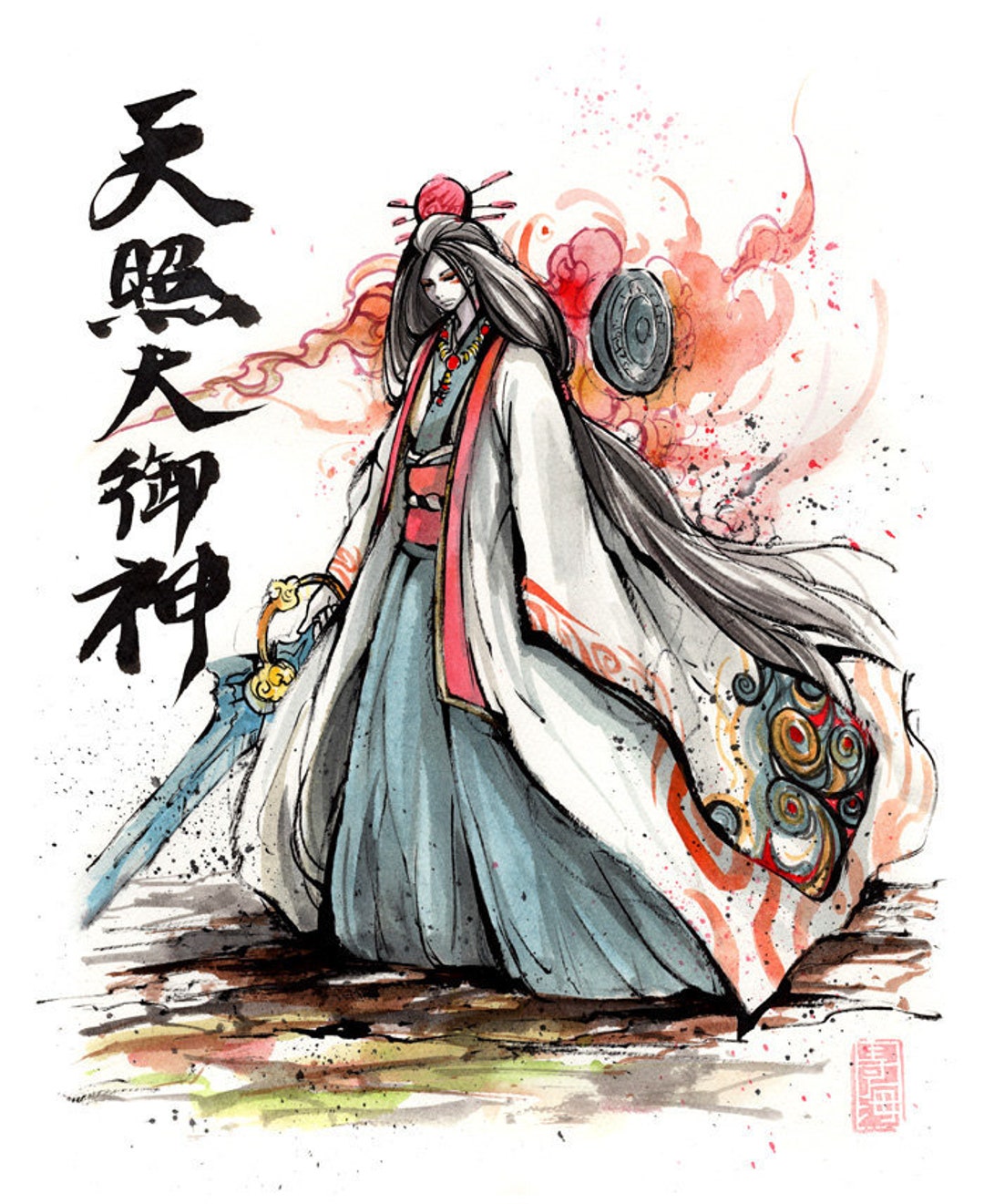 衝撃の激安コスパ・掘り出し物も 8x10インチの天照大御神の墨絵の水彩画プリント - Etsy 日本 絵画