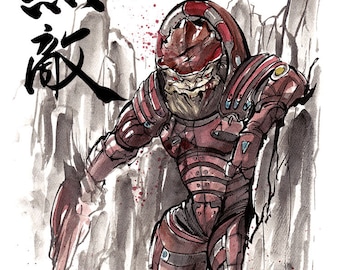 8x10 PRINT Mass Effect Urdnot Wrex Japanese Calligraphy Fearless