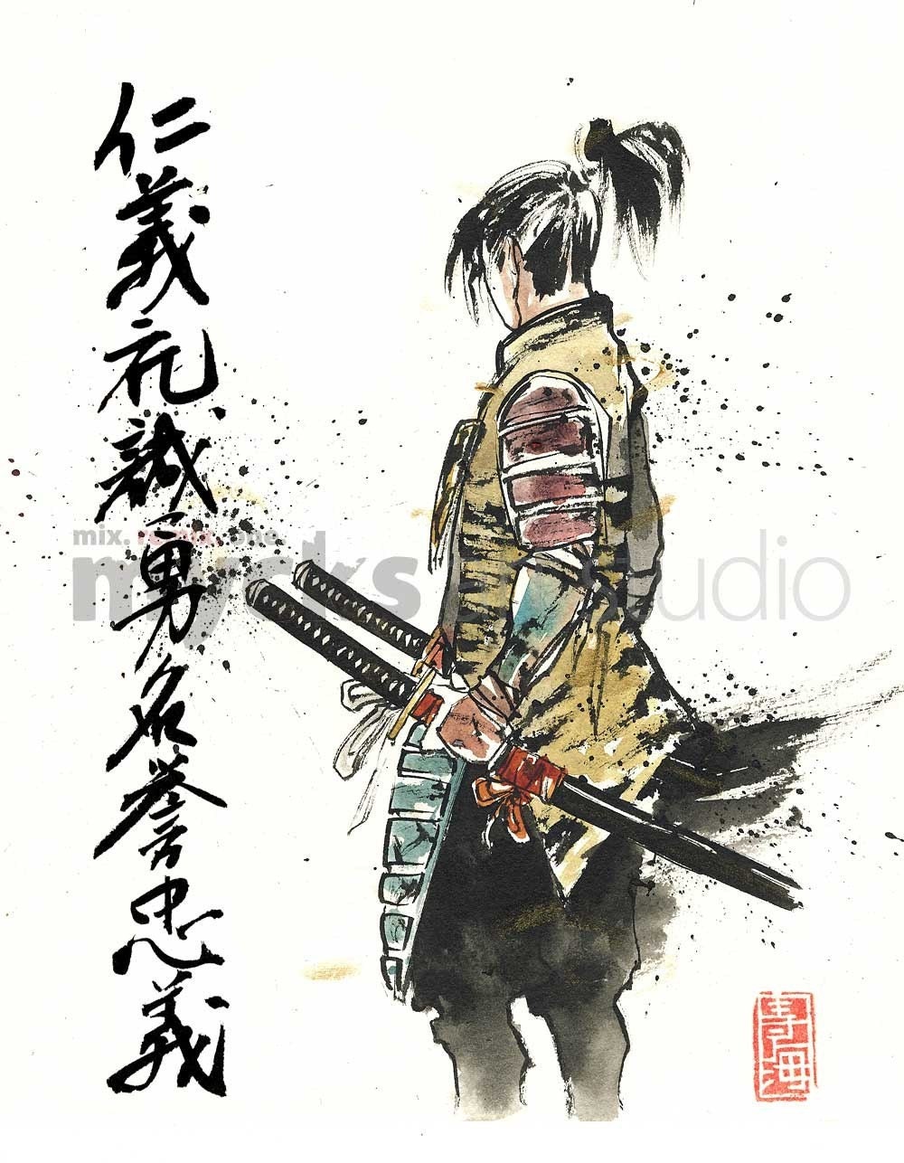 ぷ*侍様 Let’s fine♡ 絵画原画 プリント 侍の七つの美徳を描いた刀の絵画 日本の書道 - Etsy 日本