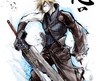 8x10 PRINT Cloud Strife from Final Fantasy Japanese calligraphy Wish-Thought